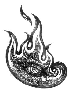 a black and white drawing of a dragon's head with flames coming out of it