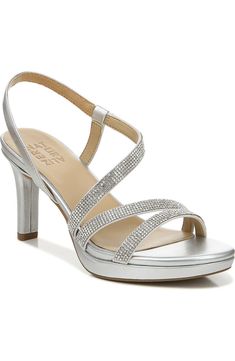 Naturalizer Brenta Slingback Sandal - Wide Width Available (Women) | Nordstromrack Silver Dress Shoes, Sabrina Concert, Evening Look, Wide Width Sandals, Metallic Sandals, Silver Shoes, Silver Dress, Slingback Sandal, Sparkling Crystal