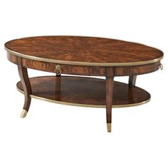 an oval coffee table with two shelves on each side