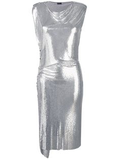 Silver-tone aluminum draped midi dress from Paco Rabanne featuring a draped neckline, a sleeveless design, gathering details at the sides, a slim fit, a mid-length and a chain link style. Draped Midi Dress, Draped Midi Dresses, Draped Neckline, Dress Silver, City Dress, Looks Chic, Silver Dress, Paco Rabanne, Gorgeous Gowns