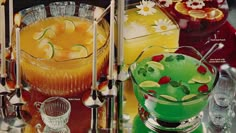 an advertisement for party punches with various drinks in glasses and on the table are candles