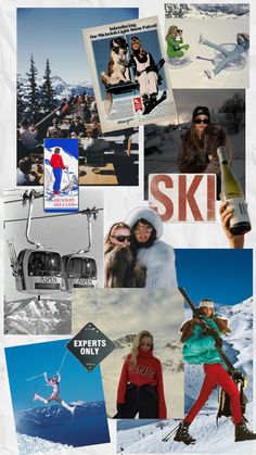 the collage shows many different things that are in this photo, including skis and snowboarders