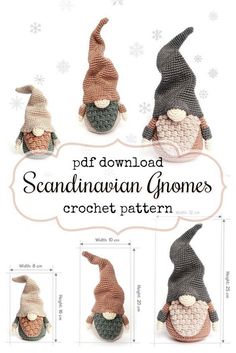 crocheted gnomes are shown in different colors and sizes, with text overlaying the image