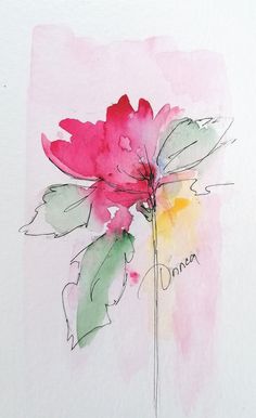 a watercolor drawing of a pink flower with green leaves