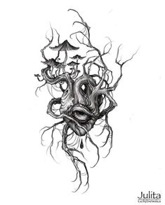 an ink drawing of a face with vines growing out of it