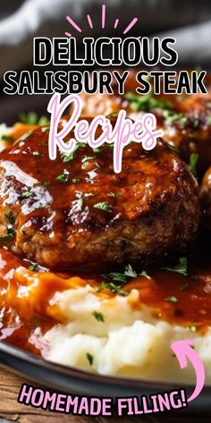 delicious salisbury steak recipe with mashed potatoes and gravy on a black plate