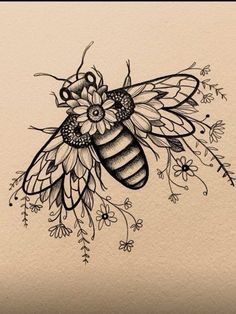 a drawing of a bee with flowers on it