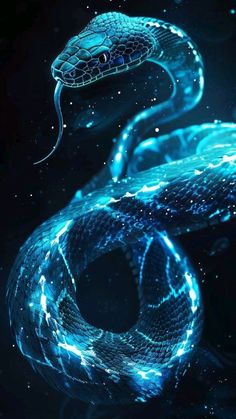 a blue snake with glowing lights on it's head and tail, in the dark