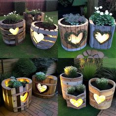 several wooden planters with glowing hearts on them