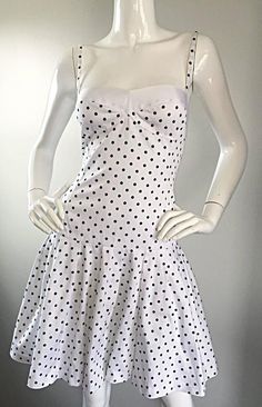 Enrico Coveri 1980s Vintage White & Black Polka Dot Cotton Fit & Flare Dress Fitted Polka Dot Dress For Daywear, 80s Dresses Casual, Dolly Fashion, Dot Print Dress, Black Polka Dot Dress, 1980s Dresses, Dot Skirt, Anna Sui, Lovely Clothes