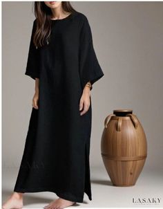 Lasaky - Cotton and Linen Loose Fit Long Sleeve Maxi Dress with Split Hem and Round Neck Chiffon White Dress, Dress With Split, Long Sleeve Fitted Dress, Fitted Maxi Dress, Cotton Linen Dresses, Crewneck Dress, Cotton Maxi, Maxi Dress Cotton, Necklines For Dresses