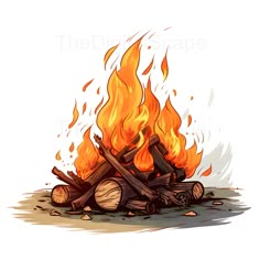 a pile of logs sitting on top of a white ground covered in fire and flames