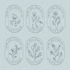 six different logos with flowers and leaves on them, all in blue ink or white paper