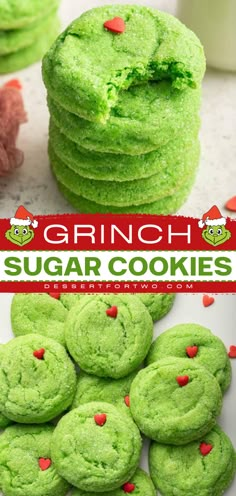 You'll love these best sugar cookies for your easy Thanksgiving sweet treats! Learn how to make these simple grinch drop sugar cookies that are made with melted butter, green food coloring and a single red sprinkle to represent the Grinch's heart. Yum! Grinch Sugar Cookies, Grinch Cookies, Cookies Homemade, Christmas Fudge, Christmas Baking Recipes, Christmas Cookies Easy, Cookies Christmas, Xmas Cookies, Christmas Sugar Cookies