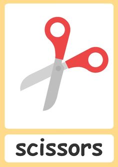 scissors with the word scissors below it on a yellow and white background, which reads scissors