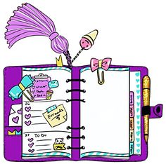 an open purple notebook with stickers and writing on the pages is shown in cartoon style