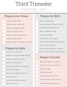 the third trimester checklist is shown in pink and white with text that reads prepare for