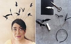 a woman with scissors and bats on her head, next to an image of hair accessories