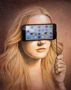 a drawing of a woman holding up a cell phone