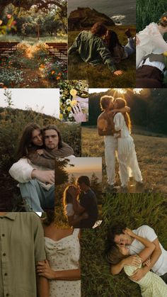 a collage of photos with people in the grass, trees and flowers on them