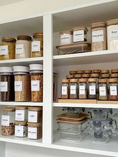 an organized pantry filled with lots of different types of spices and seasonings on shelves