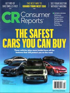 the front cover of consumer reports magazine, featuring four cars in different colors and sizes