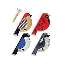 four birds are sitting on different types of hairbrushes and combs, one is red, the other is blue