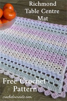 a crocheted dishcloth with oranges in the background and text that reads, richmond table centre mat free crochet pattern