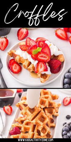 some waffles with strawberries on top and blueberries in the middle are shown