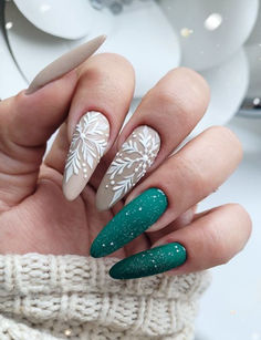 95+ Christmas Nail Designs To Rock This Winter! - Blush & Pearls Festive Nails Christmas Almond, Winter Nails 2023 Trends Almond, Winter Nail Designs Light Blue, Christmas Nails Boho, Textured Christmas Nails, Sweater And Snowflake Nails, Seasonal Nails Winter, Grey Christmas Nail Designs, Subtle Christmas Nails Almond