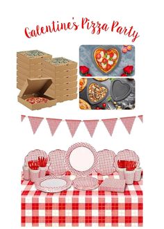 valentine's pizza party with red and white gingham table cloths, plates, cupcakes and boxes