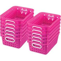 three pink plastic storage baskets with handles on each side and two smaller ones in the middle