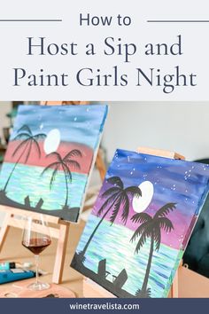 Two paintings of a beach scene on easels Bachelorette Wine And Paint, Pasta And Paint Girls Night, Wine And Canvas Ideas Easy, Host A Paint And Sip Party, How To Host A Paint Night, Diy Paint Night Ideas Step By Step, Diy Paint Party Ideas, Paint Night With Friends, Hosting A Paint And Sip Party