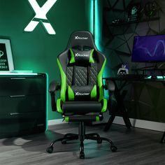 a gaming chair sitting in front of a computer desk