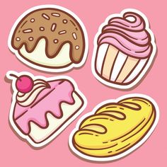 four different types of pastries on a pink background