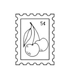 a stamp with two cherries on it, and the number five is in black ink