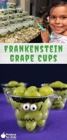 some grapes with googly eyes and the words frankenstein grape cups in front of them