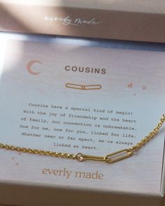 "cousins have a special kind of magic! with the joy of friendship and the heart of family, our connection is unbreakable. one for me, one for you... linked for life. whether near or far apart, we're always linked at heart. this is the chic cousins bracelet you've been looking for! choose up to 8 links to symbolize each person in your family. details: sterling silver, 14kt gold filled, 14kt rose gold filled * comes with product meaning card & in its own gift box * links measure 4 x 14mm * bra Bracelet With Meaning, Dainty Personalized Friendship Bracelets, Cousin Bracelets, Customized Gold Friendship Bracelets, Customized Gold Friendship Bracelet, Customized Charm Bracelet For Friendship On Mother's Day, Adjustable Friendship Bracelets With Lobster Clasp, Gold Friendship Bracelets For Birthday And Mother's Day, Friendship Bracelets For Mother's Day