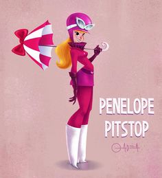 a woman in pink is holding an umbrella and the words penelope pitstop