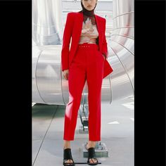 Zara Pants With Fabric-Covered- Belt Beautiful Red Color Red Tapered Leg Bottoms For Fall, Chic Red Suits For Fall, Red Ankle-length Party Pants, Red Suit For Spring Party, Red Suits For Spring Party, Red Spring Party Suit, Red Fall Pantsuit For Party, Red Fitted Straight Pantsuit, Red Pantsuit For Fall Party