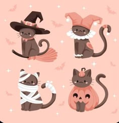 four cats dressed up as witches and one cat with a hat on it's head