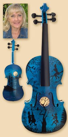 a blue violin with an image of a woman and trees on the back, next to it