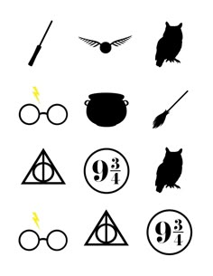 harry potter's symbols are shown in black and white, including an owl, hogwart