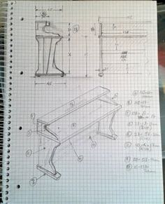 a drawing of a desk and chair on top of a sheet of paper with measurements