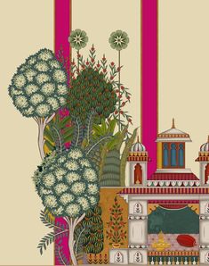 an illustration of a building surrounded by trees and flowers in front of a pink striped wall