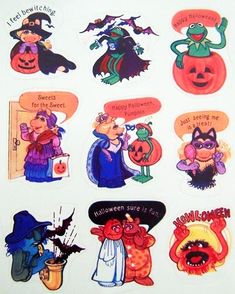 halloween stickers on a white surface with pumpkins, witches and other things in them