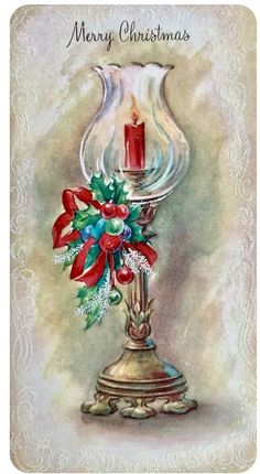 a christmas card with a candle and holly