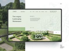 the garden landscaping website is displayed on two laptops, one with an image of trees and shrubs