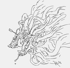 a black and white drawing of a dragon's head with water splashing on it