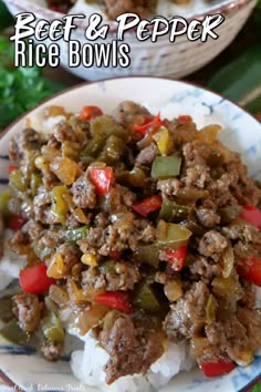 beef and pepper rice bowls on a plate